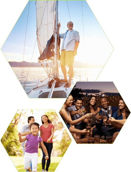 Hexagon shapes with images inside, person standing on boat, friends celebrating, family walking